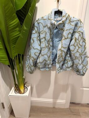 Girls' Light Blue Sherpa Jacket with Olive Pattern